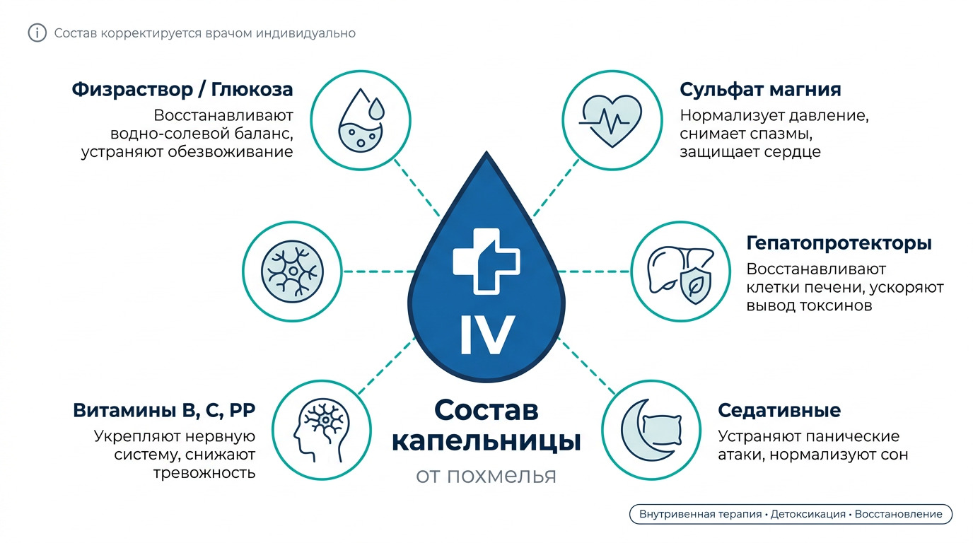 Состав капельницы от похмелья: физраствор и глюкоза, сульфат магния, гепатопротекторы, витамины группы B, C, PP, седативные препараты.